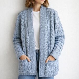 Aran Mor Edge to Edge long cardigan Irish 100% Merino Wool Blue Medium